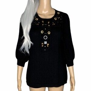 Milly Black Cashmere Scoop Beaded 3/4 Sleeve Sweater Size XS